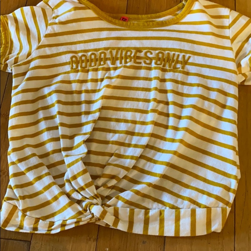 Yellow and white striped cropped good vibes tee